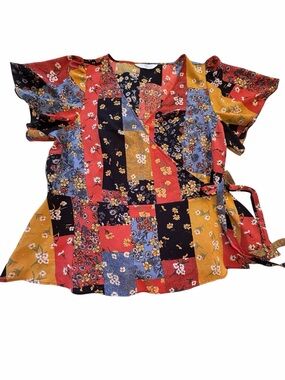 A MTL 1980 floral patchwork wrap blouse,Size XL